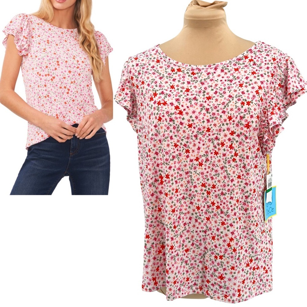 Large - NWT CeCe - Floral Double Ruffle Sleeve Top - Garden Romance